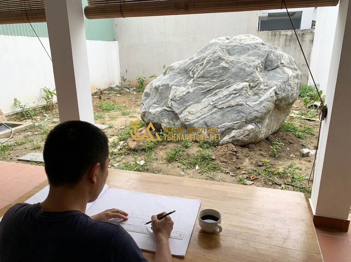 Cách Thiết Kế Sân Vườn Đẹp Từ A-Z - Nguyên Tắc & Kinh Nghiệm Thực Tế - Tạo ảnh tiếng Anh: A person sketching a garden plan on a piece of paper, sitting