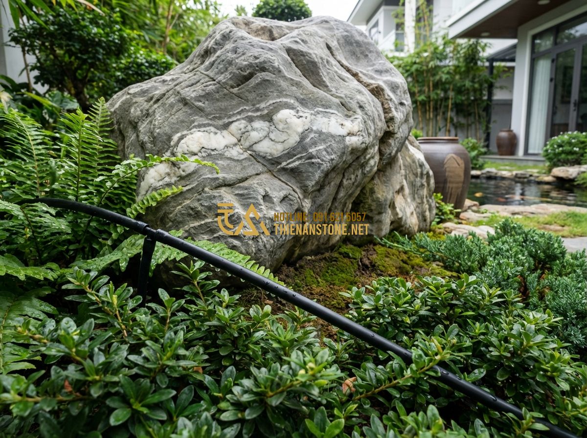 Cách Thiết Kế Sân Vườn Đẹp Từ A-Z - Nguyên Tắc & Kinh Nghiệm Thực Tế - Tạo ảnh tiếng Anh: Close-up of an automatic drip irrigation system watering gree