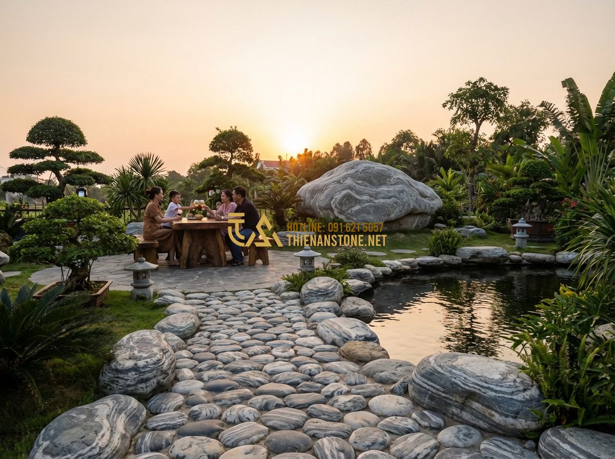 Cách Thiết Kế Sân Vườn Đẹp Từ A-Z - Nguyên Tắc & Kinh Nghiệm Thực Tế - Tạo ảnh tiếng Anh: A panoramic view of a completed luxury garden at sunset. The