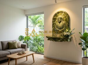 Cách Thiết Kế Và Bố Trí Bàn Thờ Chúa Phòng Khách Chuẩn Quy Tắc Công Giáo - Tạo ảnh tiếng Anh: A serene and modern living room featuring a beautifully carve