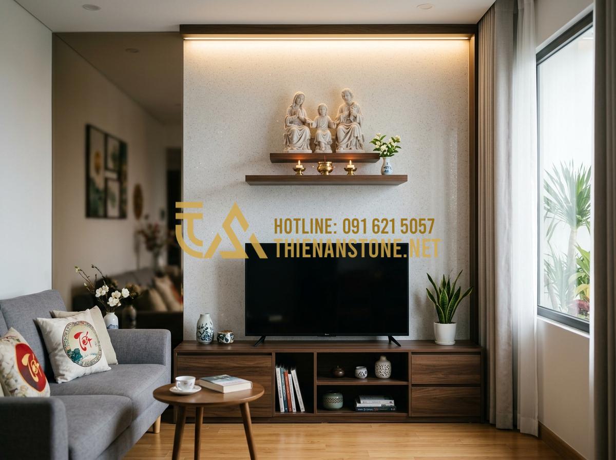 Cách Thiết Kế Và Bố Trí Bàn Thờ Chúa Phòng Khách Chuẩn Quy Tắc Công Giáo - Tạo ảnh tiếng Anh: A smart design for a small modern apartment living room. A mi