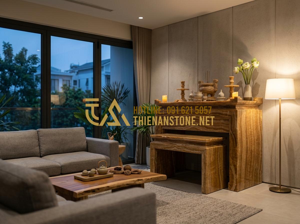 Cách Thiết Kế Và Bố Trí Bàn Thờ Chúa Phòng Khách Chuẩn Quy Tắc Công Giáo - Tạo ảnh tiếng Anh: A wide shot of a contemporary Vietnamese living room during t