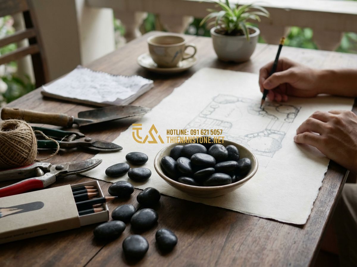 Cách Trang Trí Tiểu Cảnh Bằng Sỏi Đá Đẹp Nhất Cho Người Mới Bắt Đầu - Hình 4 Cách Trang Trí Tiểu Cảnh Bằng Sỏi Đá Đẹp Nhất Cho Người Mới Bắt Đầu - Tạo ảnh tiếng Anh: A beautiful indoor dry landscape garden under a modern stairc