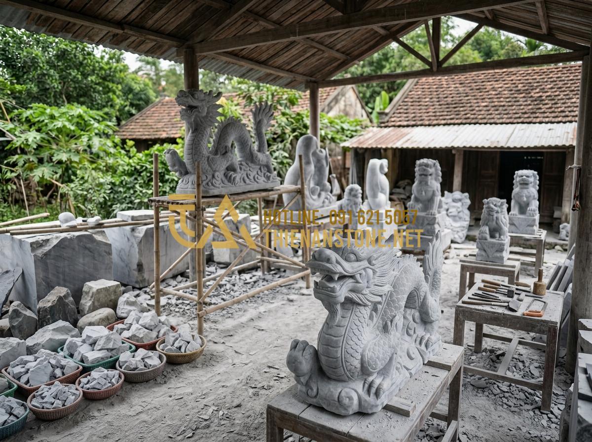 Cách vẽ con vật trên đá cuội đơn giản cho người không chuyên - Hình 7 Cách vẽ con vật trên đá cuội đơn giản cho người không chuyên - Tạo ảnh tiếng Anh: [A wide-angle shot of a traditional Vietnamese stone craft wo