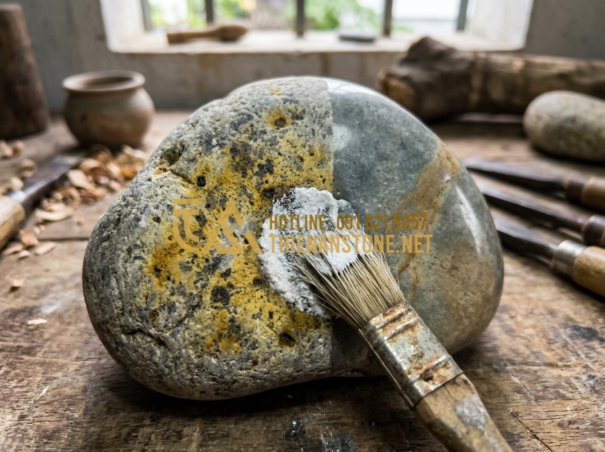 Cách vệ sinh gạt tàn đá tự nhiên luôn sáng bóng, không ám mùi thuốc - Tạo ảnh tiếng Anh: A detailed macro shot of a stone surface showing a comparison
