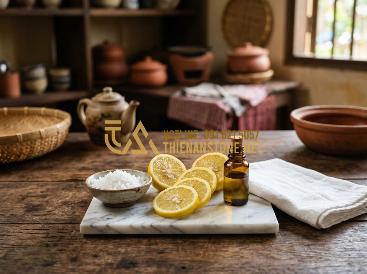 Cách vệ sinh gạt tàn đá tự nhiên luôn sáng bóng, không ám mùi thuốc - Tạo ảnh tiếng Anh: Ingredients for cleaning stone spread out on a wooden table: