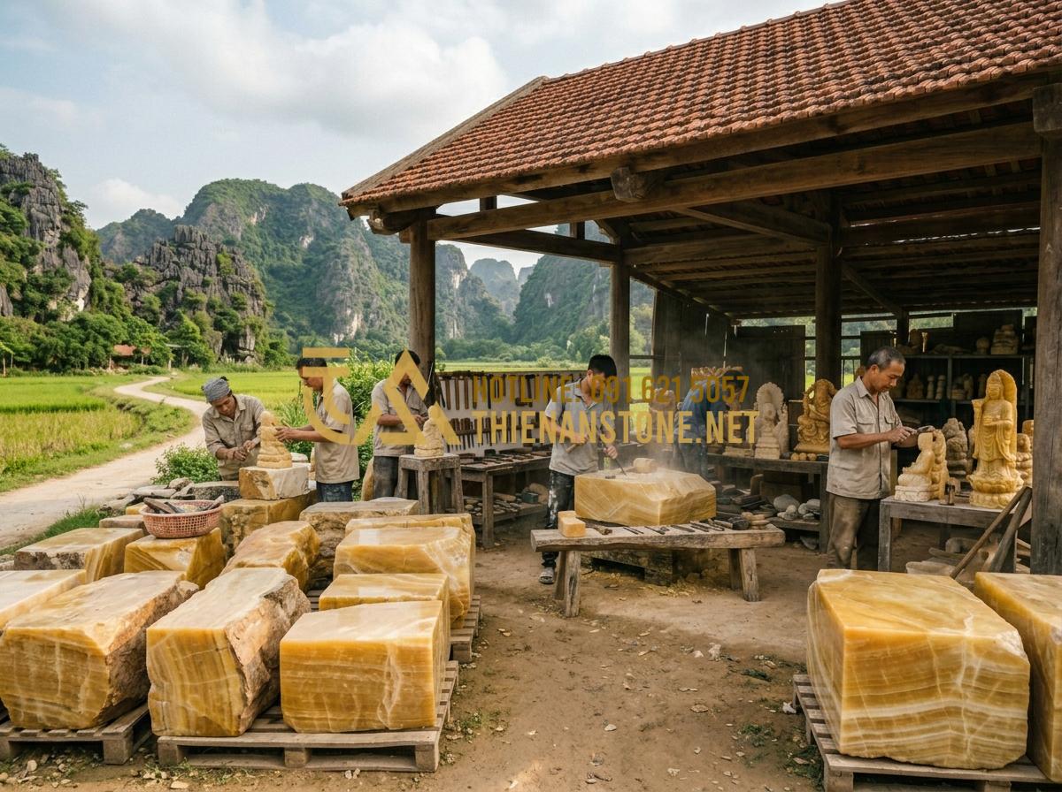 Cách vệ sinh gạt tàn đá tự nhiên luôn sáng bóng, không ám mùi thuốc - Tạo ảnh tiếng Anh: A wide shot of a traditional stone carving workshop in a rura