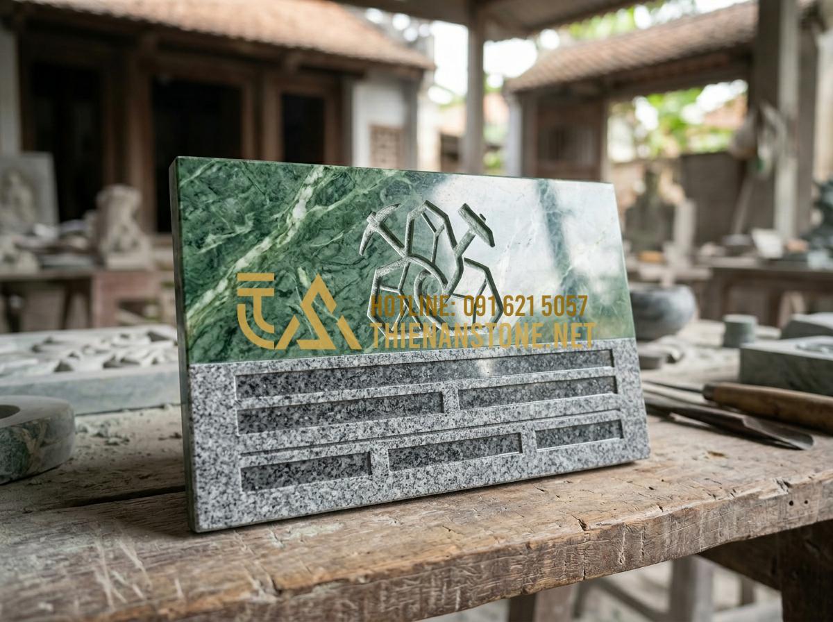 Cách vệ sinh gạt tàn đá tự nhiên luôn sáng bóng, không ám mùi thuốc - Tạo ảnh tiếng Anh: A professional business card or logo layout for 'Thien An Sto