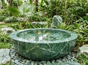 Cách Vệ Sinh Và Bảo Dưỡng Ang Nước Bằng Đá Tự Nhiên Đúng Cách, Bền Đẹp Lâu Năm - Close-up view of a large natural granite stone water basin filled with crystal c