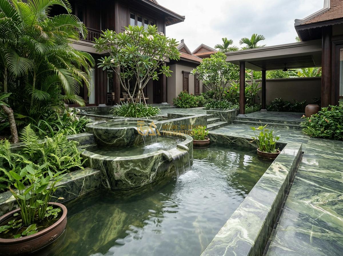 Cách Vệ Sinh Và Bảo Dưỡng Ang Nước Bằng Đá Tự Nhiên Đúng Cách, Bền Đẹp Lâu Năm - Wide angle shot of elegant marble ang nuoc water feature with gentle waterfall e