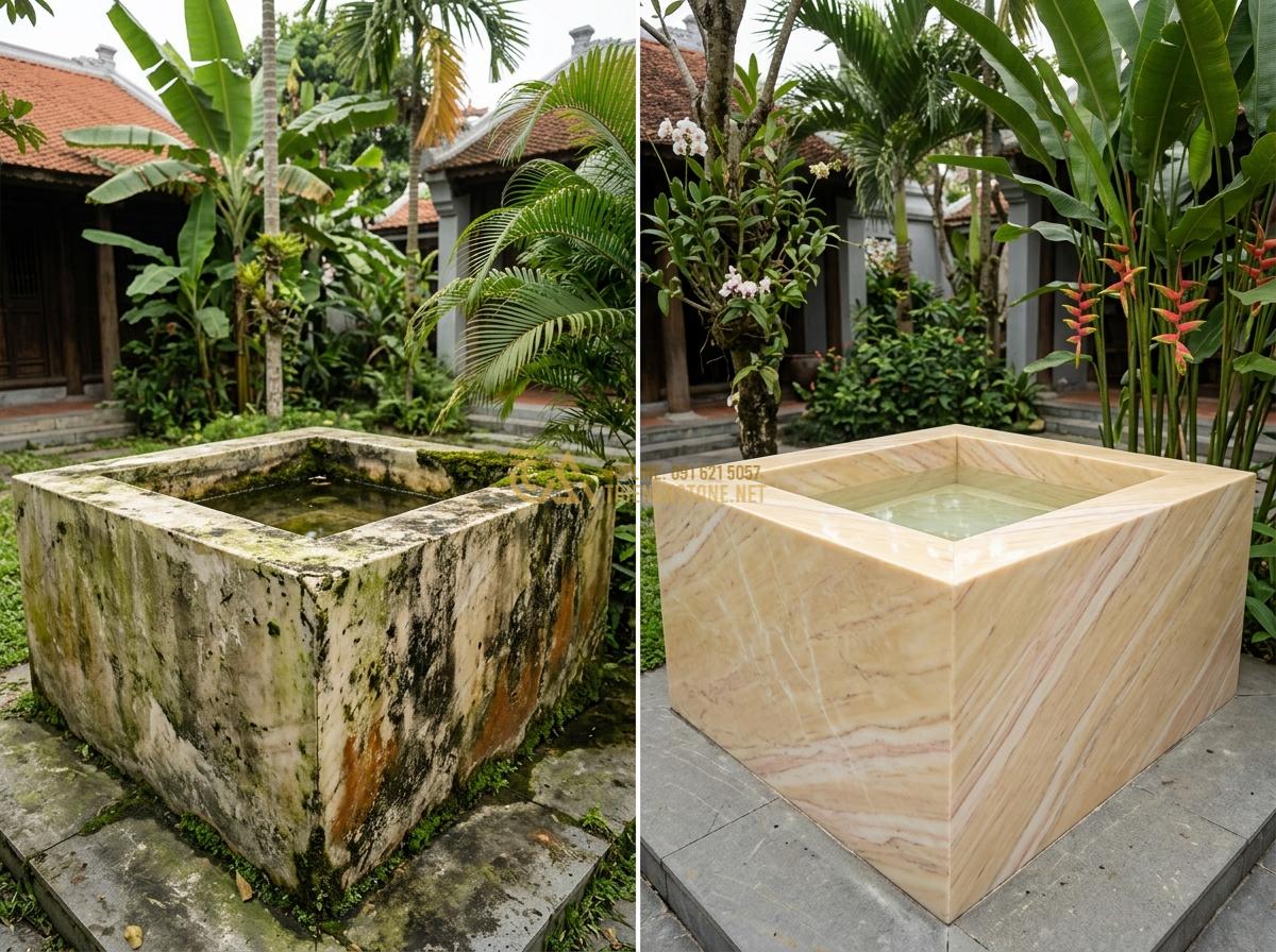 Cách Vệ Sinh Và Bảo Dưỡng Ang Nước Bằng Đá Tự Nhiên Đúng Cách, Bền Đẹp Lâu Năm - Before and after comparison of dirty vs cleaned natural stone water ang showing