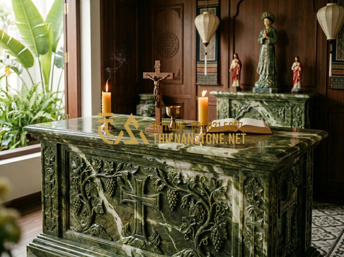 Cách Vệ Sinh Và Bảo Quản Bàn Thờ Đá Công Giáo Luôn Sáng Bóng Như Mới - Tạo ảnh tiếng Anh: A serene and high-end indoor space featuring a magnificent Ca