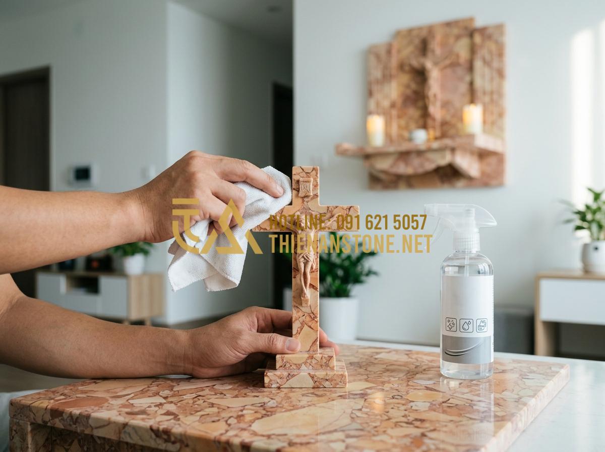 Cách Vệ Sinh Và Bảo Quản Bàn Thờ Đá Công Giáo Luôn Sáng Bóng Như Mới - Tạo ảnh tiếng Anh: A pair of hands carefully cleaning a small stone crucifix on