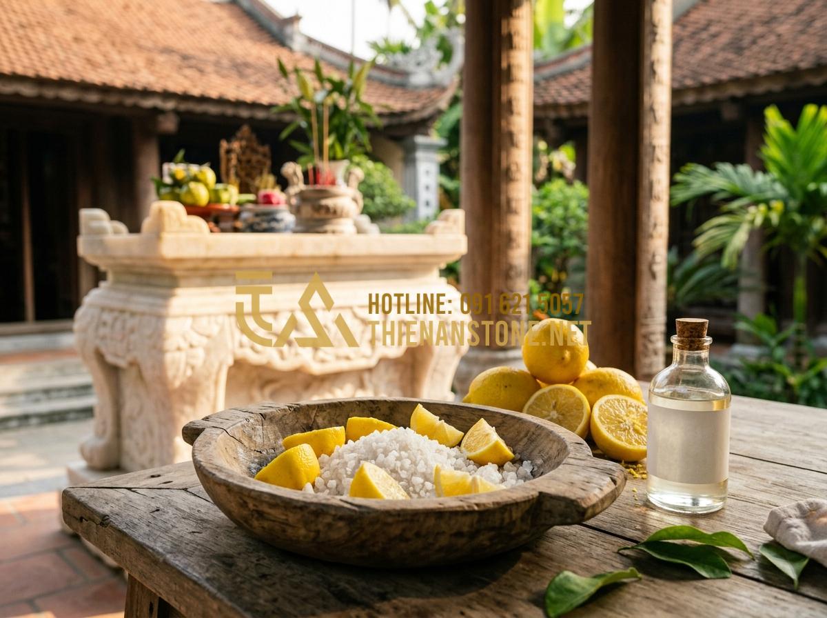 Cách Vệ Sinh Và Bảo Quản Bàn Thờ Đá Công Giáo Luôn Sáng Bóng Như Mới - Tạo ảnh tiếng Anh: A wooden bowl containing natural sea salt and fresh yellow le