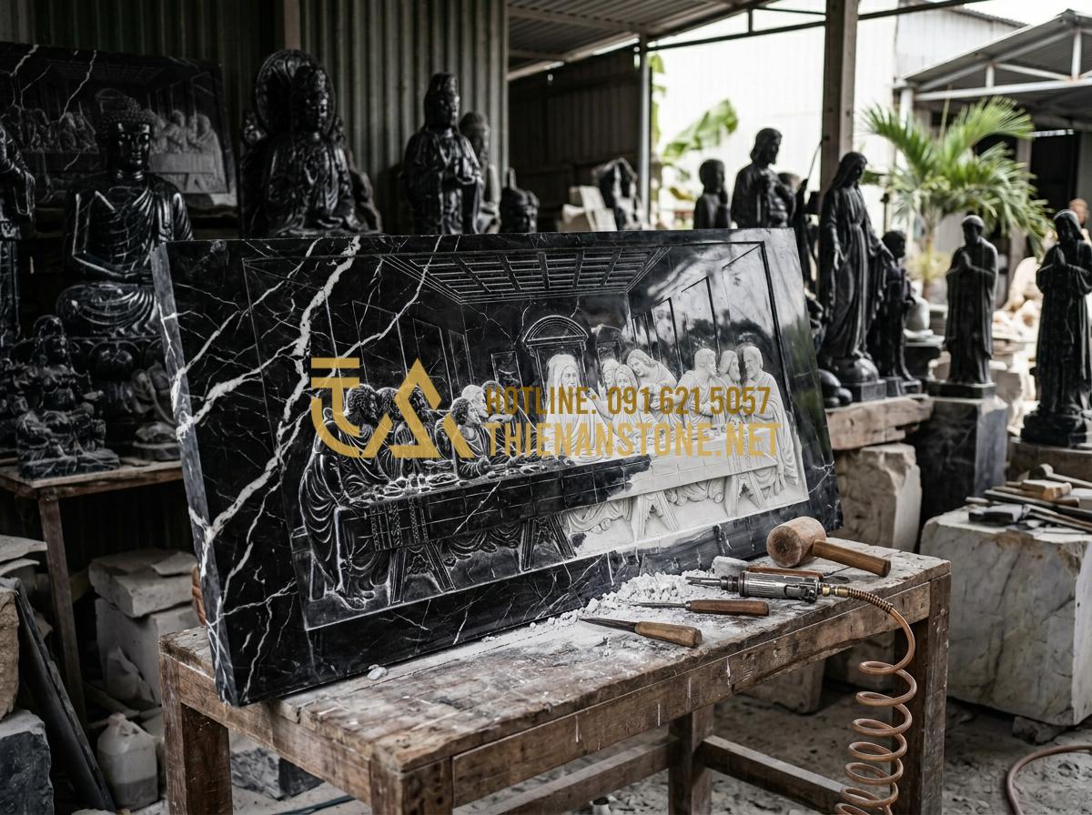 Cách Vệ Sinh Và Bảo Quản Bàn Thờ Đá Công Giáo Luôn Sáng Bóng Như Mới - Tạo ảnh tiếng Anh: A master craftsman at Xưởng Đá Mỹ Nghệ Thiên An in Phu Tho, V