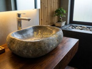 Cách Vệ Sinh Và Bảo Quản Lavabo Đá Cuội, Đá Marble Đúng Chuẩn Không Bong Tróc - Create a high-quality, professional image showing a luxury bathroom interior wit