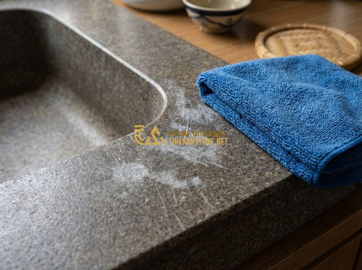 Cách Vệ Sinh Và Bảo Quản Lavabo Đá Cuội, Đá Marble Đúng Chuẩn Không Bong Tróc - Close-up photo of a damaged stone sink surface showing scratches and acid etchin