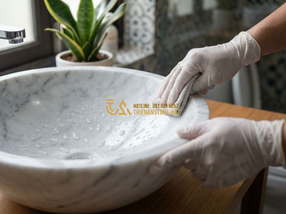 Cách Vệ Sinh Và Bảo Quản Lavabo Đá Cuội, Đá Marble Đúng Chuẩn Không Bong Tróc - Professional shot of a person applying a protective sealer to a white marble sin