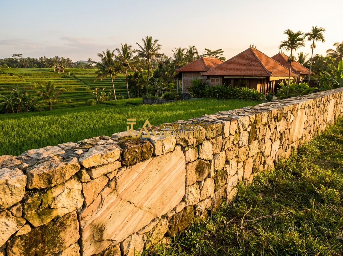 Cách Xây Hàng Rào Đá Tự Nhiên Đẹp & Bền Mãi – Hướng Dẫn Thi Công Từ A Đến Z - Tạo ảnh tiếng Anh: A wide shot of a traditional Vietnamese villa in the countrys