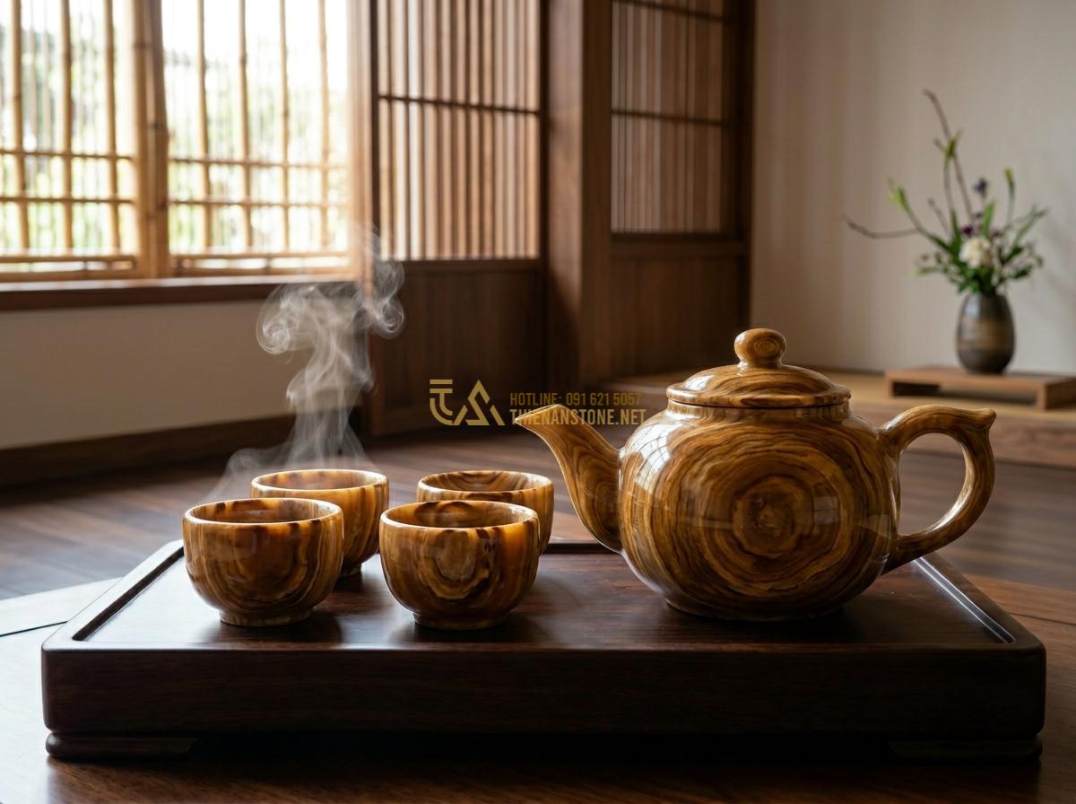 Cận Cảnh Vẻ Đẹp Độc Lạ Của Bộ Ấm Chén Bằng Đá Vân Gỗ Tự Nhiên - Tạo ảnh tiếng Anh: An elegant tea set carved from wood-grain natural stone, feat
