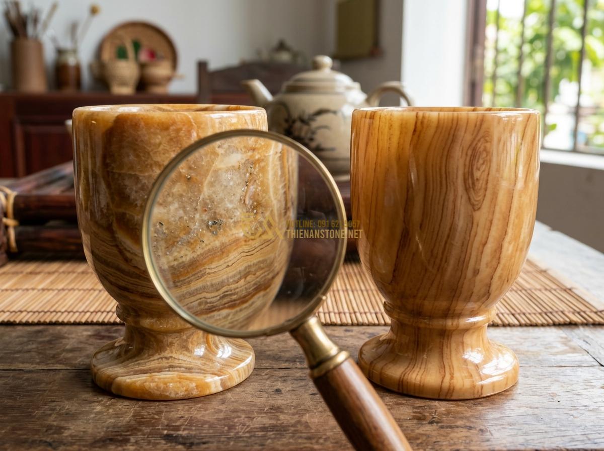 Cận Cảnh Vẻ Đẹp Độc Lạ Của Bộ Ấm Chén Bằng Đá Vân Gỗ Tự Nhiên - Tạo ảnh tiếng Anh: A side-by-side comparison shot showing a genuine wood-grain s