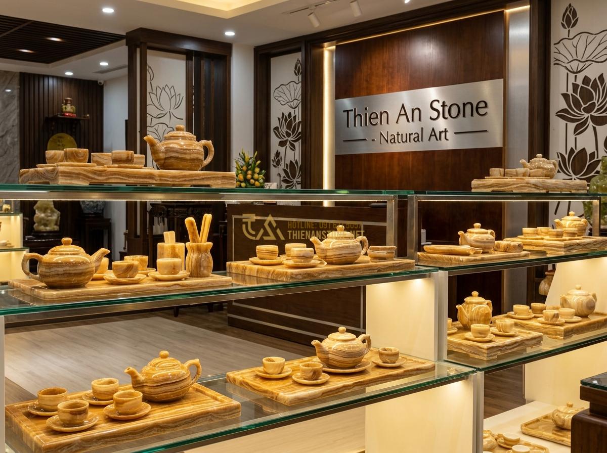 Cận Cảnh Vẻ Đẹp Độc Lạ Của Bộ Ấm Chén Bằng Đá Vân Gỗ Tự Nhiên - Tạo ảnh tiếng Anh: A storefront or gallery display of Thien An Stone. Various wo