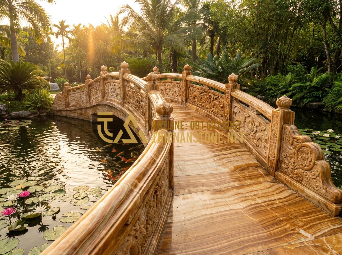 Cầu đá sân vườn: 55+ Mẫu cầu trang trí sân vườn đẹp và đẳng cấp 2026 - Hình 3 Cầu đá sân vườn: 55+ Mẫu cầu trang trí sân vườn đẹp và đẳng cấp 2026 - Tạo ảnh tiếng Anh: A curved grey stone bridge over a large koi pond, intricate c