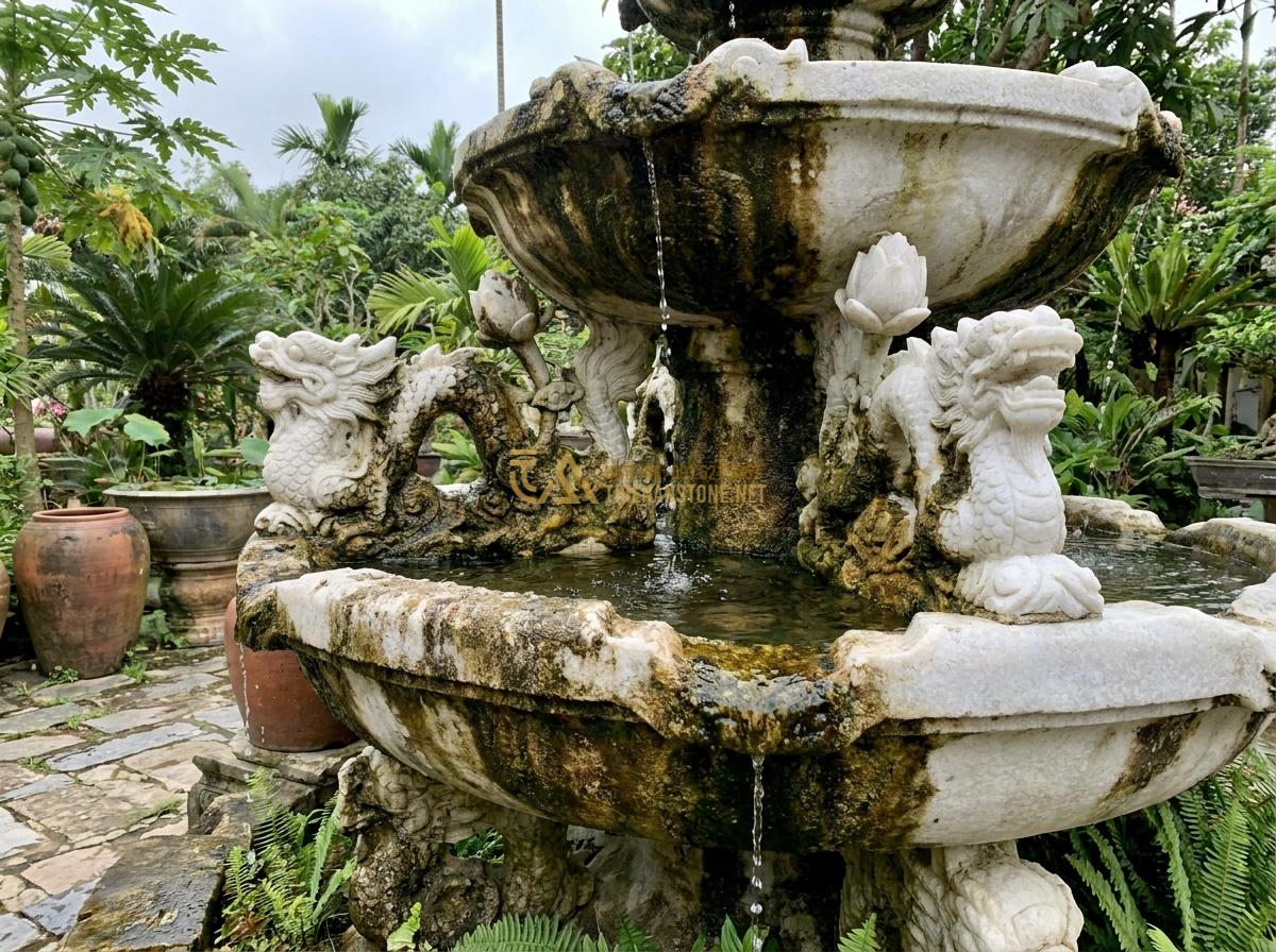 Cấu Tạo Đài Phun Nước Bằng Đá Tự Nhiên & Nguyên Lý Hoạt Động Chi Tiết - Hình 11 Cấu Tạo Đài Phun Nước Bằng Đá Tự Nhiên & Nguyên Lý Hoạt Động Chi Tiết - Aged natural stone fountain after years of outdoor exposure showing durability a