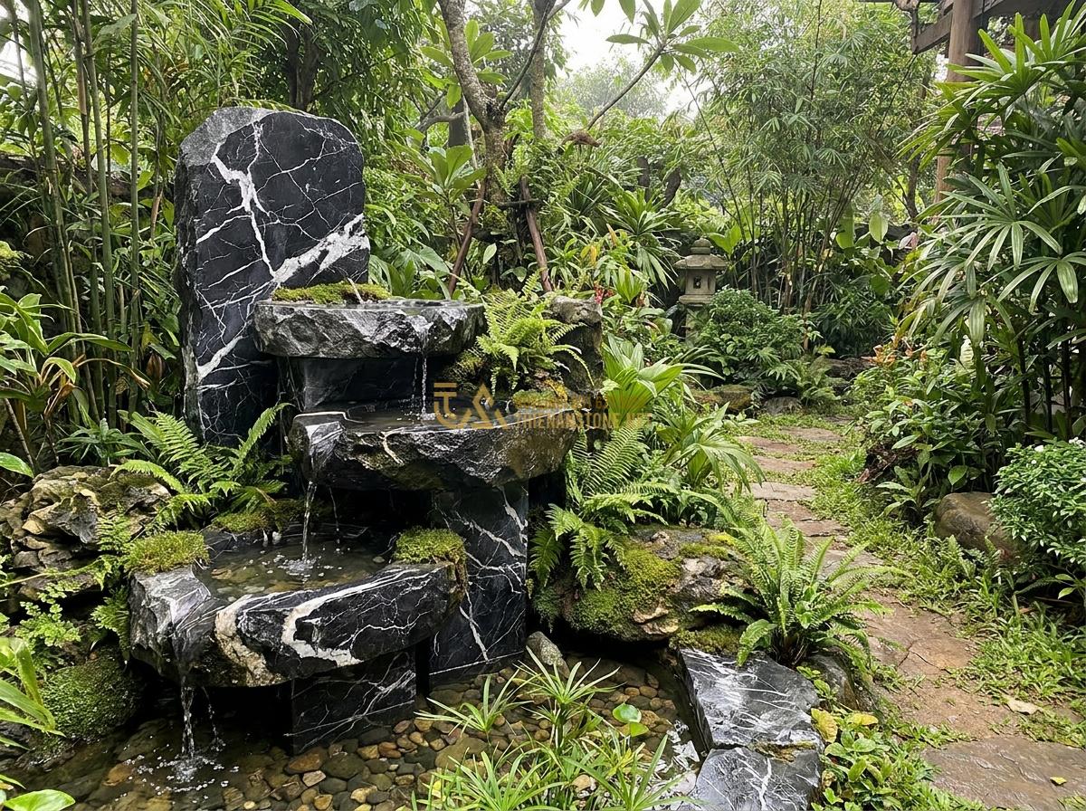 Cấu Tạo Đài Phun Nước Bằng Đá Tự Nhiên & Nguyên Lý Hoạt Động Chi Tiết - Hình 12 Cấu Tạo Đài Phun Nước Bằng Đá Tự Nhiên & Nguyên Lý Hoạt Động Chi Tiết - Eco-friendly stone fountain integrated into lush garden landscape with minimal m