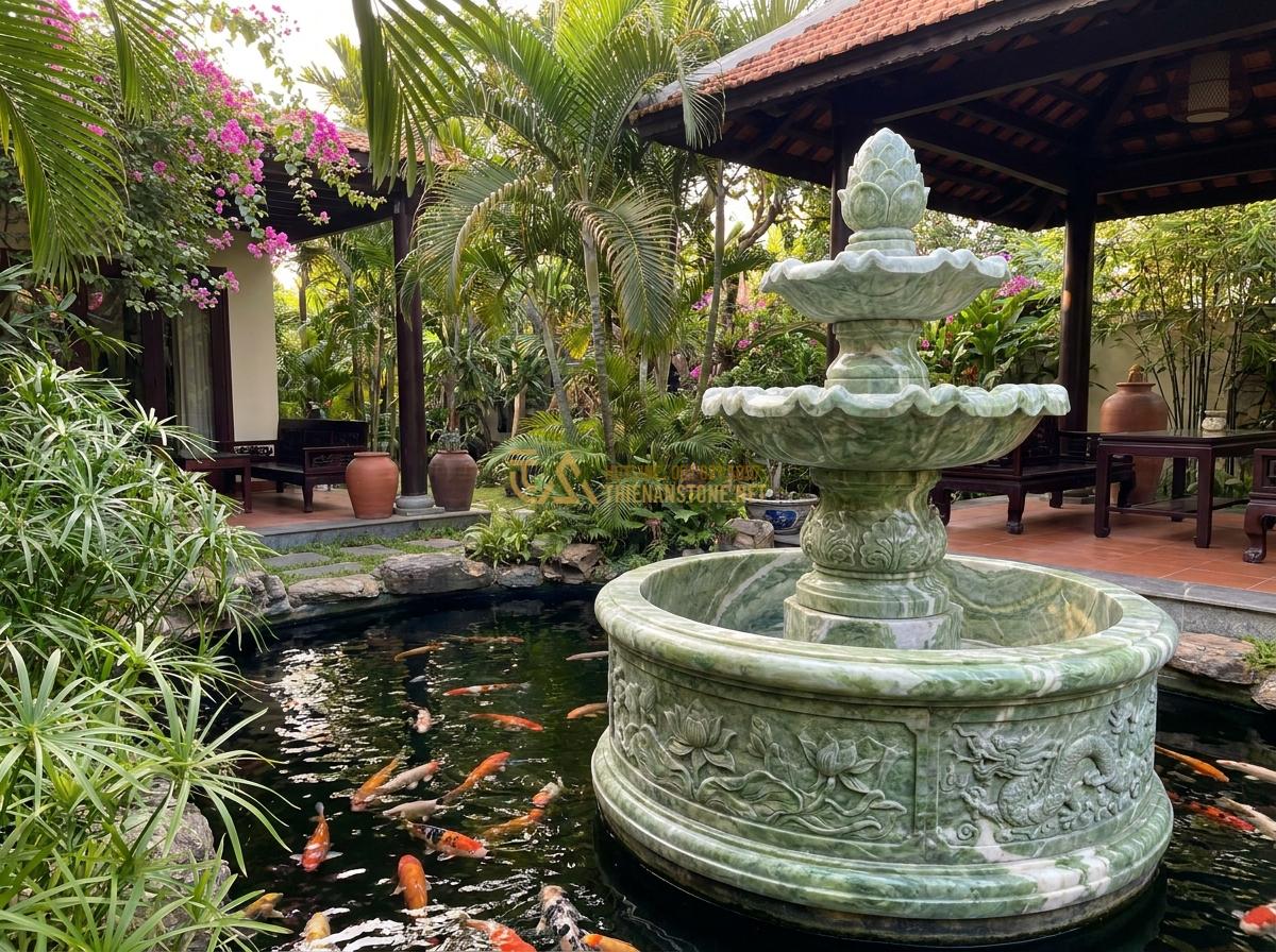 Cấu Tạo Đài Phun Nước Bằng Đá Tự Nhiên & Nguyên Lý Hoạt Động Chi Tiết - Hình 13 Cấu Tạo Đài Phun Nước Bằng Đá Tự Nhiên & Nguyên Lý Hoạt Động Chi Tiết - Luxurious stone fountain in a private villa garden next to Koi pond