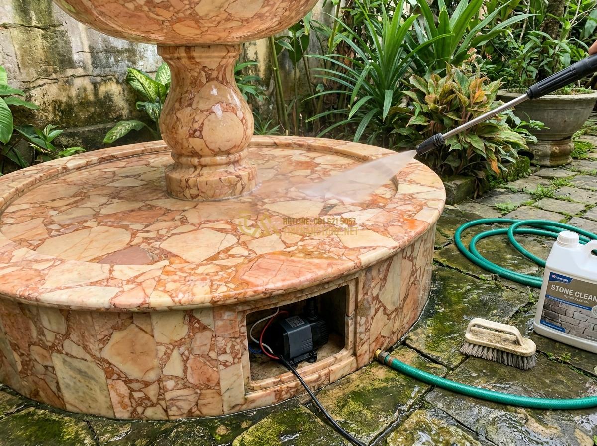 Cấu Tạo Đài Phun Nước Bằng Đá Tự Nhiên & Nguyên Lý Hoạt Động Chi Tiết - Hình 15 Cấu Tạo Đài Phun Nước Bằng Đá Tự Nhiên & Nguyên Lý Hoạt Động Chi Tiết - Maintenance process cleaning a stone fountain surface and checking internal pump