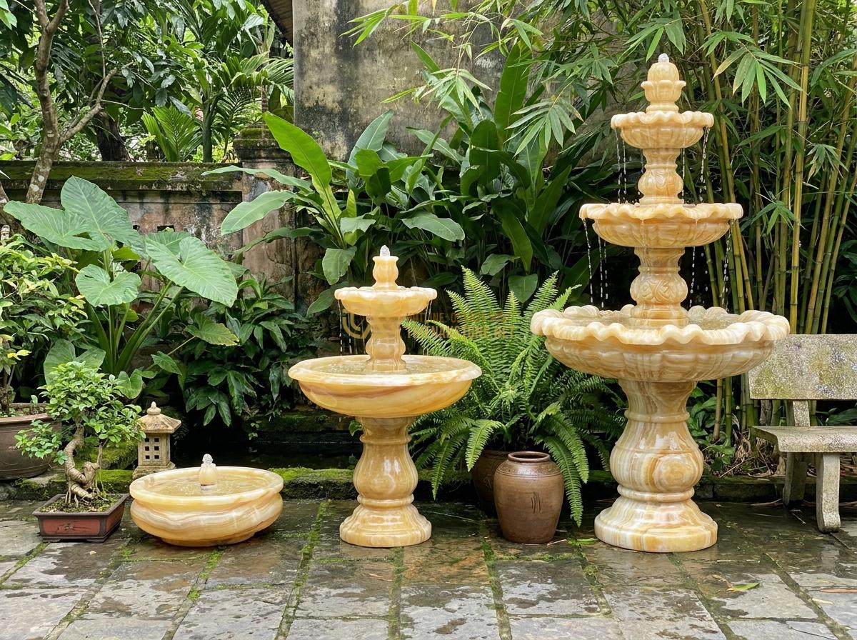 Cấu Tạo Đài Phun Nước Bằng Đá Tự Nhiên & Nguyên Lý Hoạt Động Chi Tiết - Hình 17 Cấu Tạo Đài Phun Nước Bằng Đá Tự Nhiên & Nguyên Lý Hoạt Động Chi Tiết - Scale comparison chart of different stone fountain sizes for various garden area