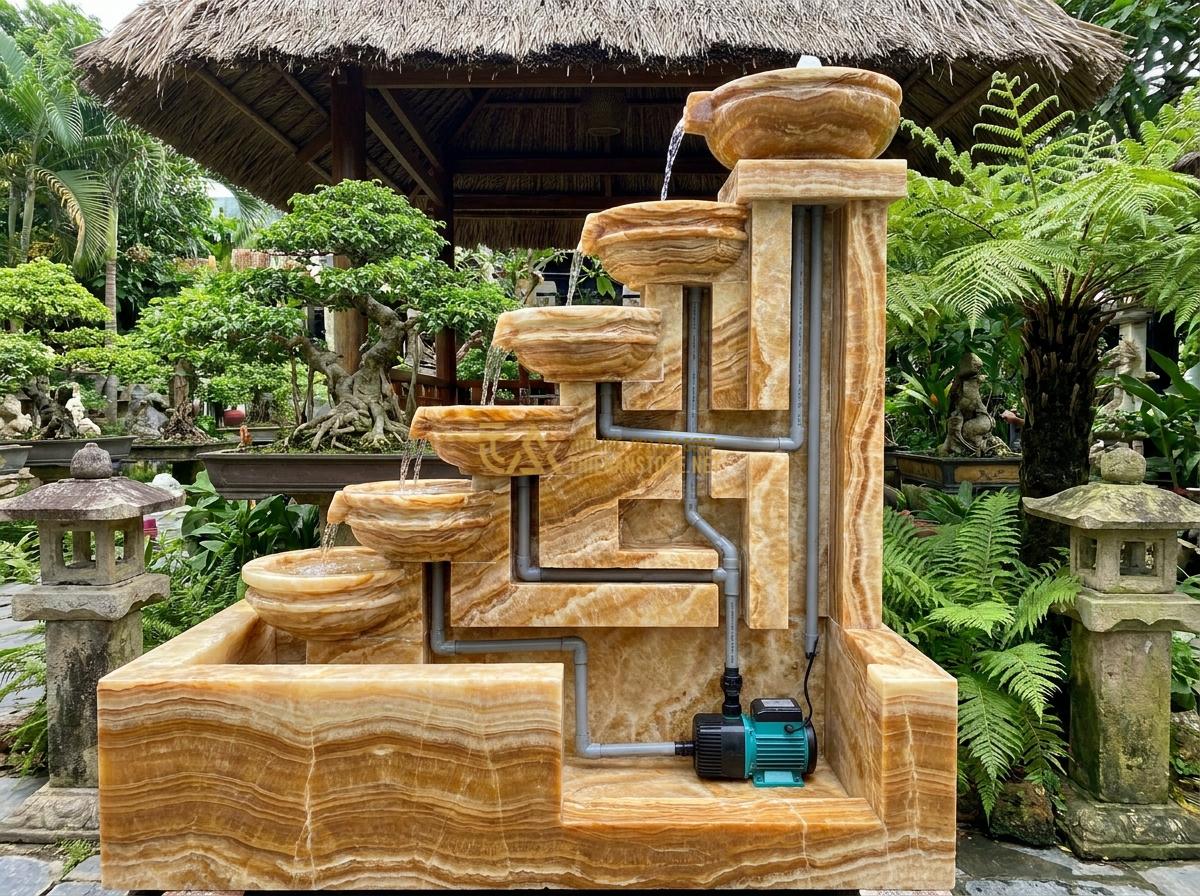 Cấu Tạo Đài Phun Nước Bằng Đá Tự Nhiên & Nguyên Lý Hoạt Động Chi Tiết - Hình 2 Cấu Tạo Đài Phun Nước Bằng Đá Tự Nhiên & Nguyên Lý Hoạt Động Chi Tiết - Detailed cross-section diagram of a natural stone water fountain structure highl