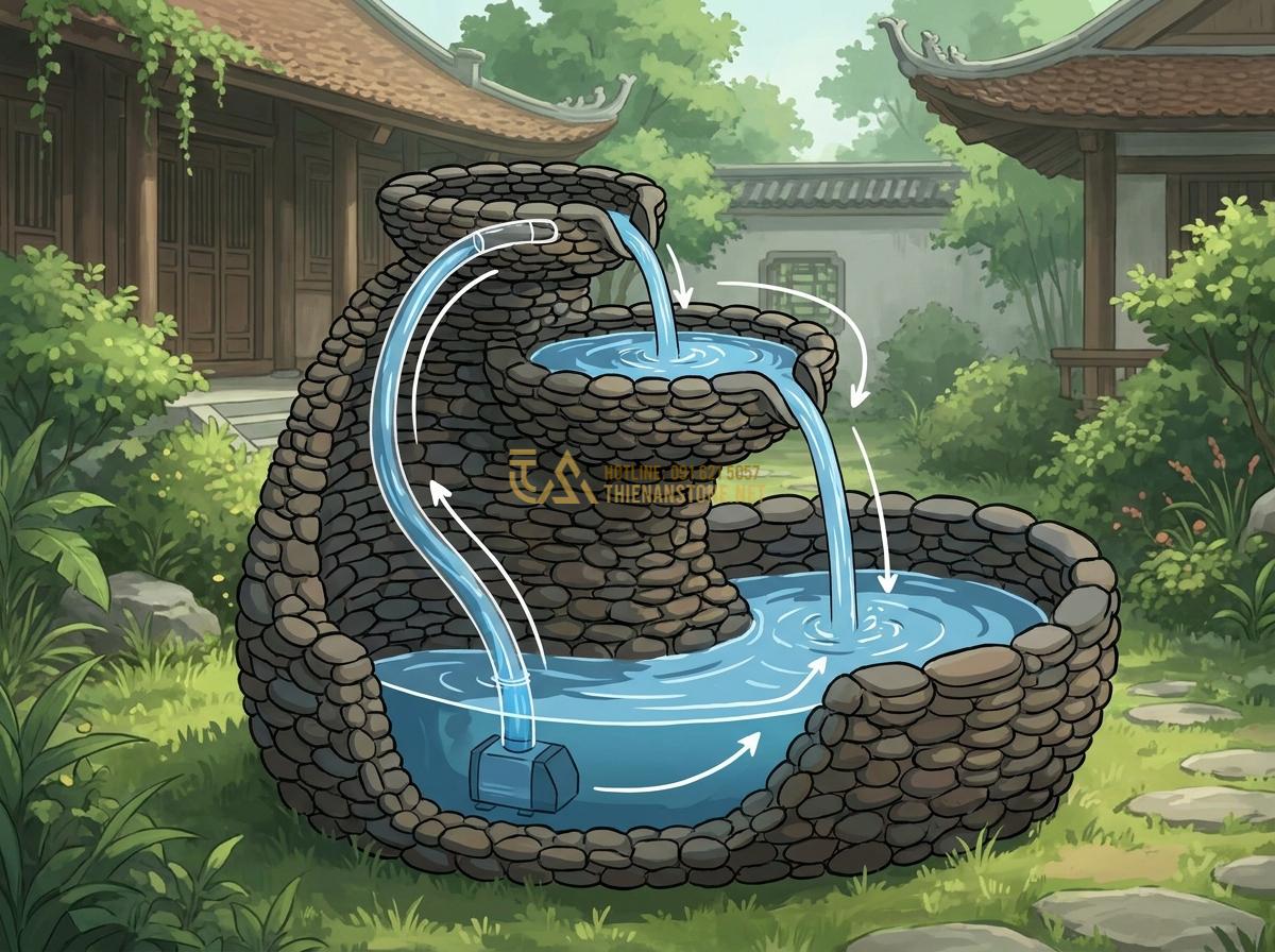 Cấu Tạo Đài Phun Nước Bằng Đá Tự Nhiên & Nguyên Lý Hoạt Động Chi Tiết - Hình 4 Cấu Tạo Đài Phun Nước Bằng Đá Tự Nhiên & Nguyên Lý Hoạt Động Chi Tiết - Animation-style illustration of water flow principle in a natural stone fountain