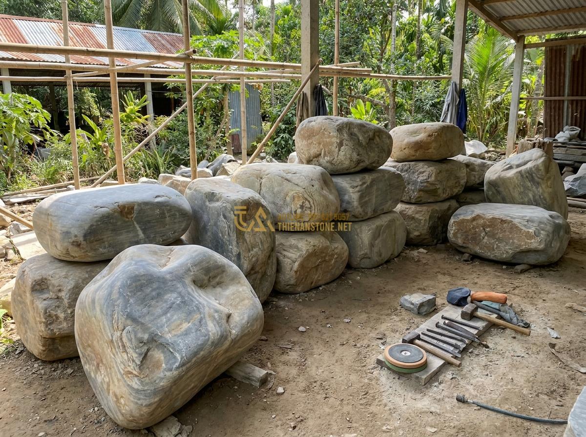 Cấu Tạo Đài Phun Nước Bằng Đá Tự Nhiên & Nguyên Lý Hoạt Động Chi Tiết - Hình 7 Cấu Tạo Đài Phun Nước Bằng Đá Tự Nhiên & Nguyên Lý Hoạt Động Chi Tiết - Polished granite stone blocks used for carving water fountains with natural mine
