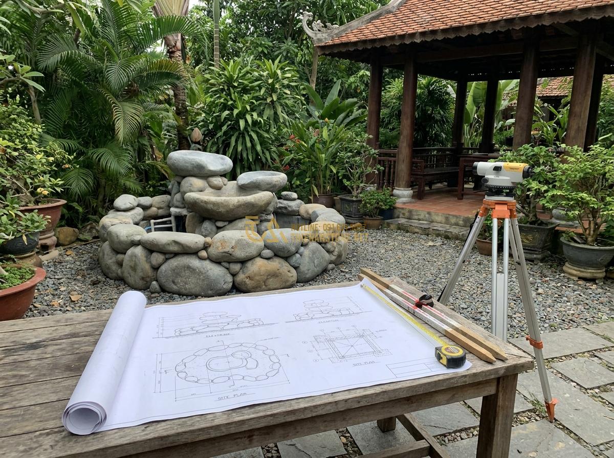 Cấu Tạo Đài Phun Nước Bằng Đá Tự Nhiên & Nguyên Lý Hoạt Động Chi Tiết - Hình 9 Cấu Tạo Đài Phun Nước Bằng Đá Tự Nhiên & Nguyên Lý Hoạt Động Chi Tiết - Blueprint and site survey process for installing a large natural stone water fou