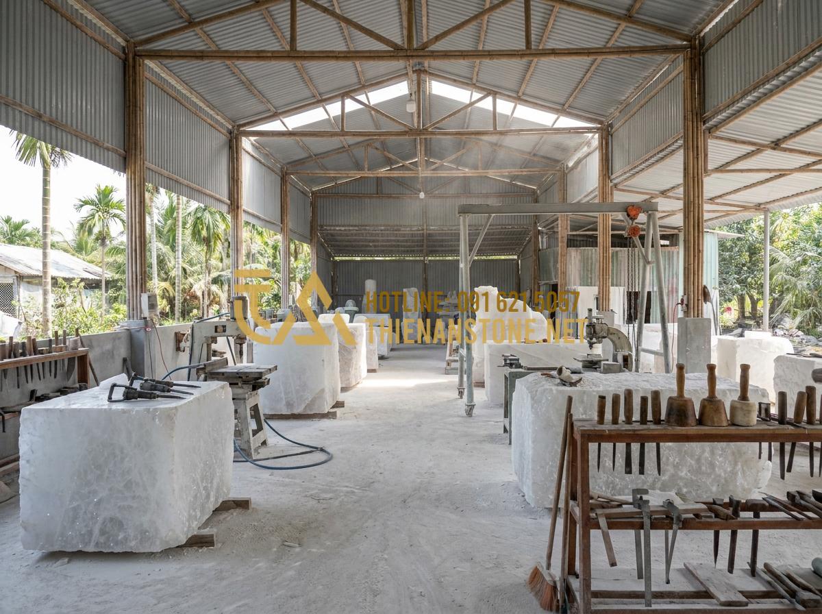 Cấu Tạo Lò Sưởi Đốt Củi: Tiêu Chuẩn Kỹ Thuật Để Không Bị Khói Vào Nhà - Tạo ảnh tiếng Anh: Wide shot of a stone carving workshop, artisans working on la