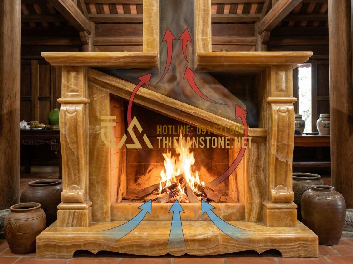 Cấu Tạo Lò Sưởi Đốt Củi: Tiêu Chuẩn Kỹ Thuật Để Không Bị Khói Vào Nhà - Tạo ảnh tiếng Anh: Technical diagram illustration showing the air flow inside a