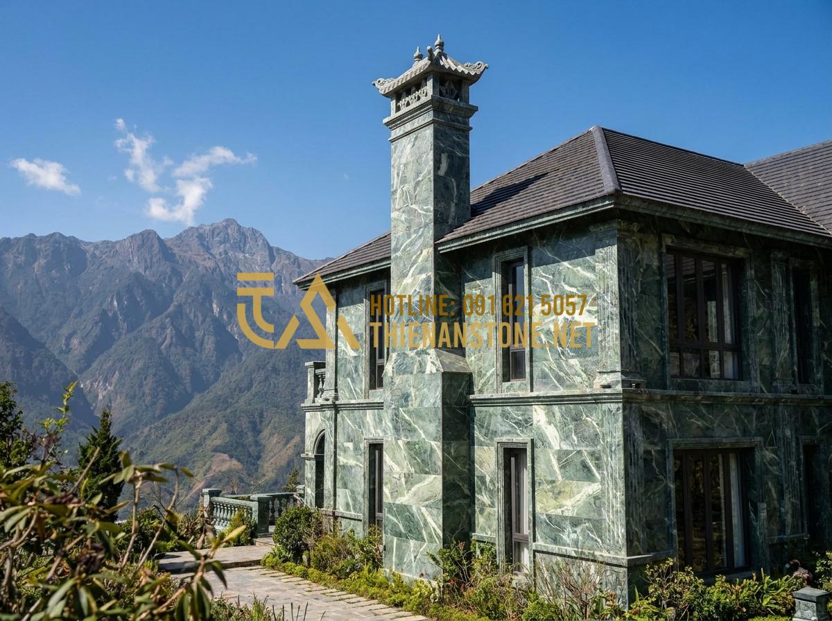 Cấu Tạo Lò Sưởi Đốt Củi: Tiêu Chuẩn Kỹ Thuật Để Không Bị Khói Vào Nhà - Tạo ảnh tiếng Anh: Exterior view of a luxury stone villa with a tall, elegant st