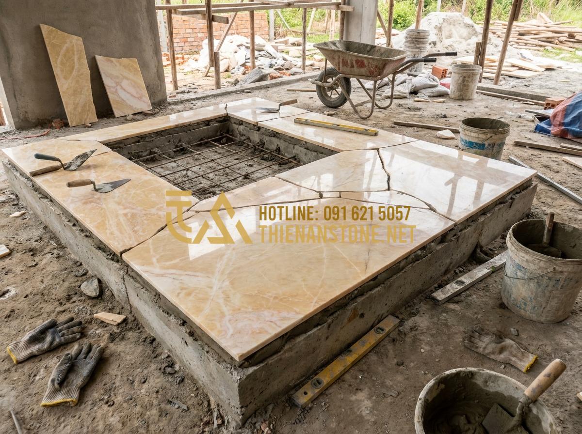 Cấu Tạo Lò Sưởi Đốt Củi: Tiêu Chuẩn Kỹ Thuật Để Không Bị Khói Vào Nhà - Tạo ảnh tiếng Anh: Construction phase of a stone fireplace, workers carefully pl