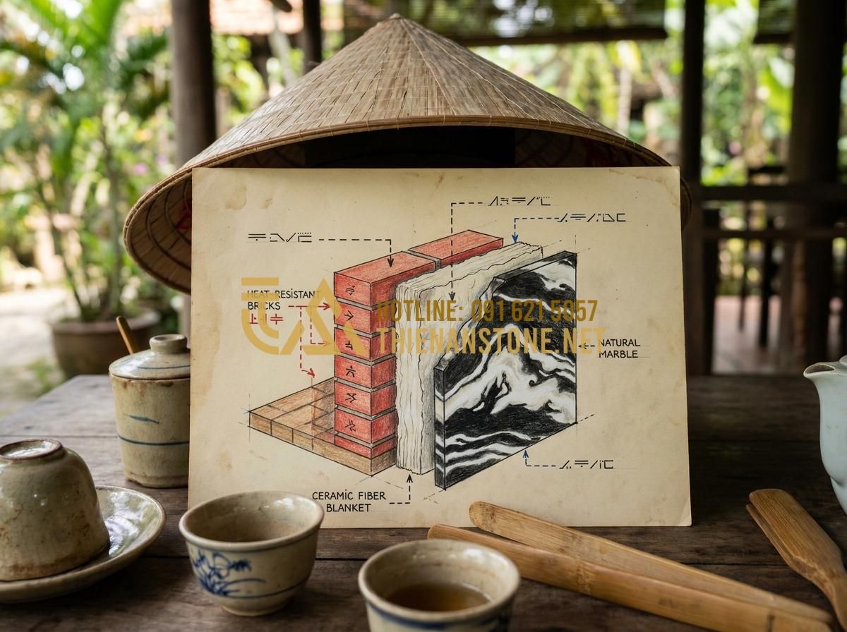 Cấu Tạo Lò Sưởi Đốt Củi: Tiêu Chuẩn Kỹ Thuật Để Không Bị Khói Vào Nhà - Tạo ảnh tiếng Anh: Detailed illustration of the insulation layers of a fireplace