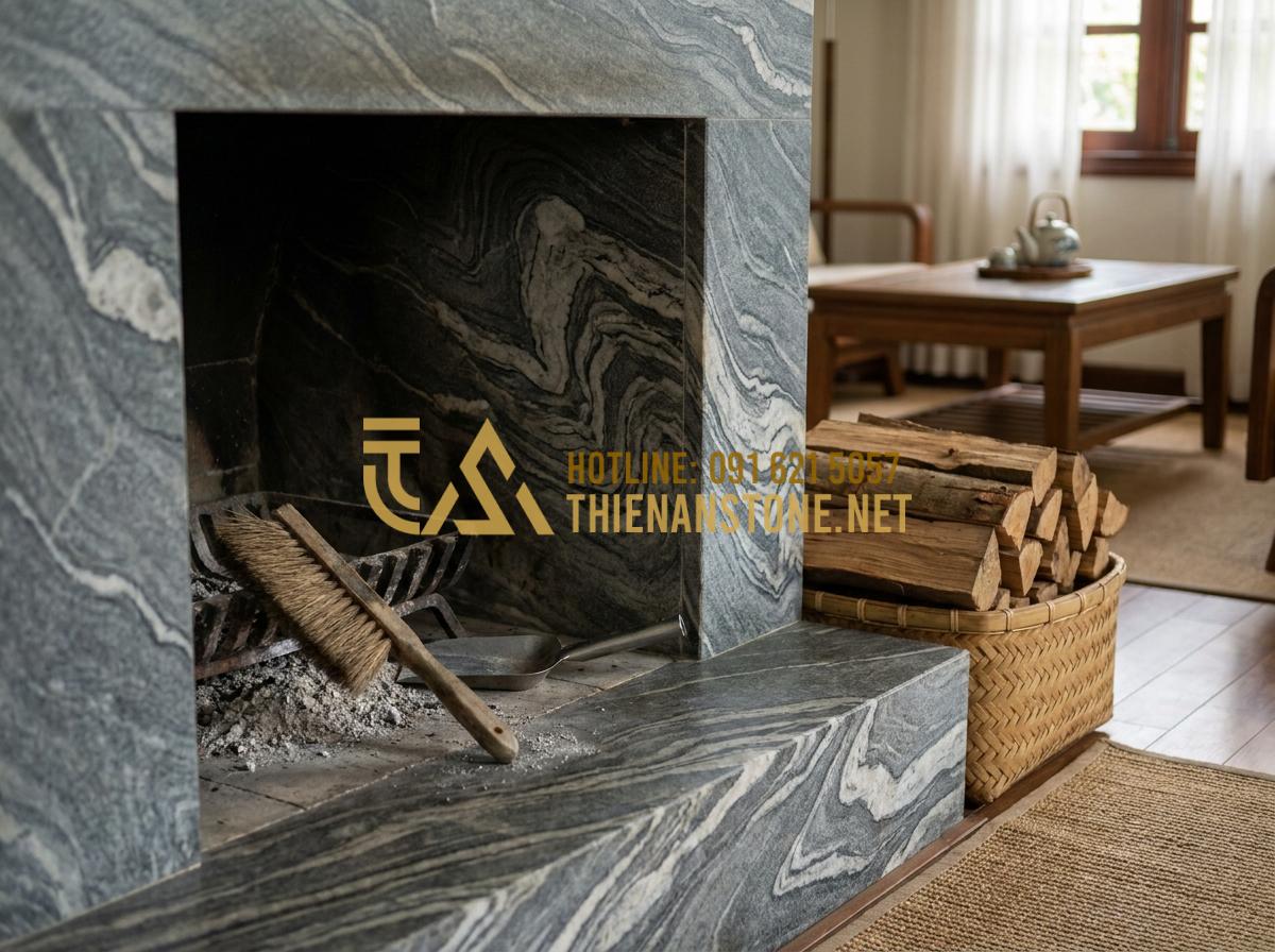 Cấu Tạo Lò Sưởi Đốt Củi: Tiêu Chuẩn Kỹ Thuật Để Không Bị Khói Vào Nhà - Tạo ảnh tiếng Anh: A man happily cleaning his stone fireplace with a brush, remo