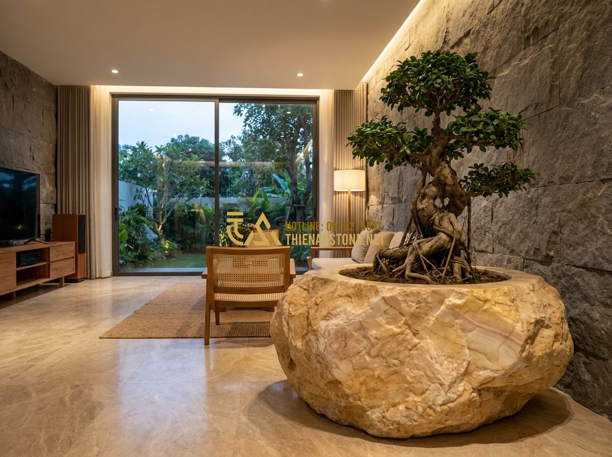 Chậu Đá Trồng Cây Cảnh Đẹp 2026: 130+ Mẫu Chậu Đá Tự Nhiên Sang Trọng Cho Sân Vườn & Nội Thất - Detailed cinematic shot of a modern minimalist living room with a large floor-to