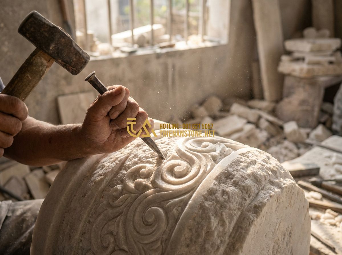 Chậu Đá Trồng Cây Cảnh Đẹp 2026: 130+ Mẫu Chậu Đá Tự Nhiên Sang Trọng Cho Sân Vườn & Nội Thất - Close-up of a hand carving intricate traditional patterns on a large monolithic