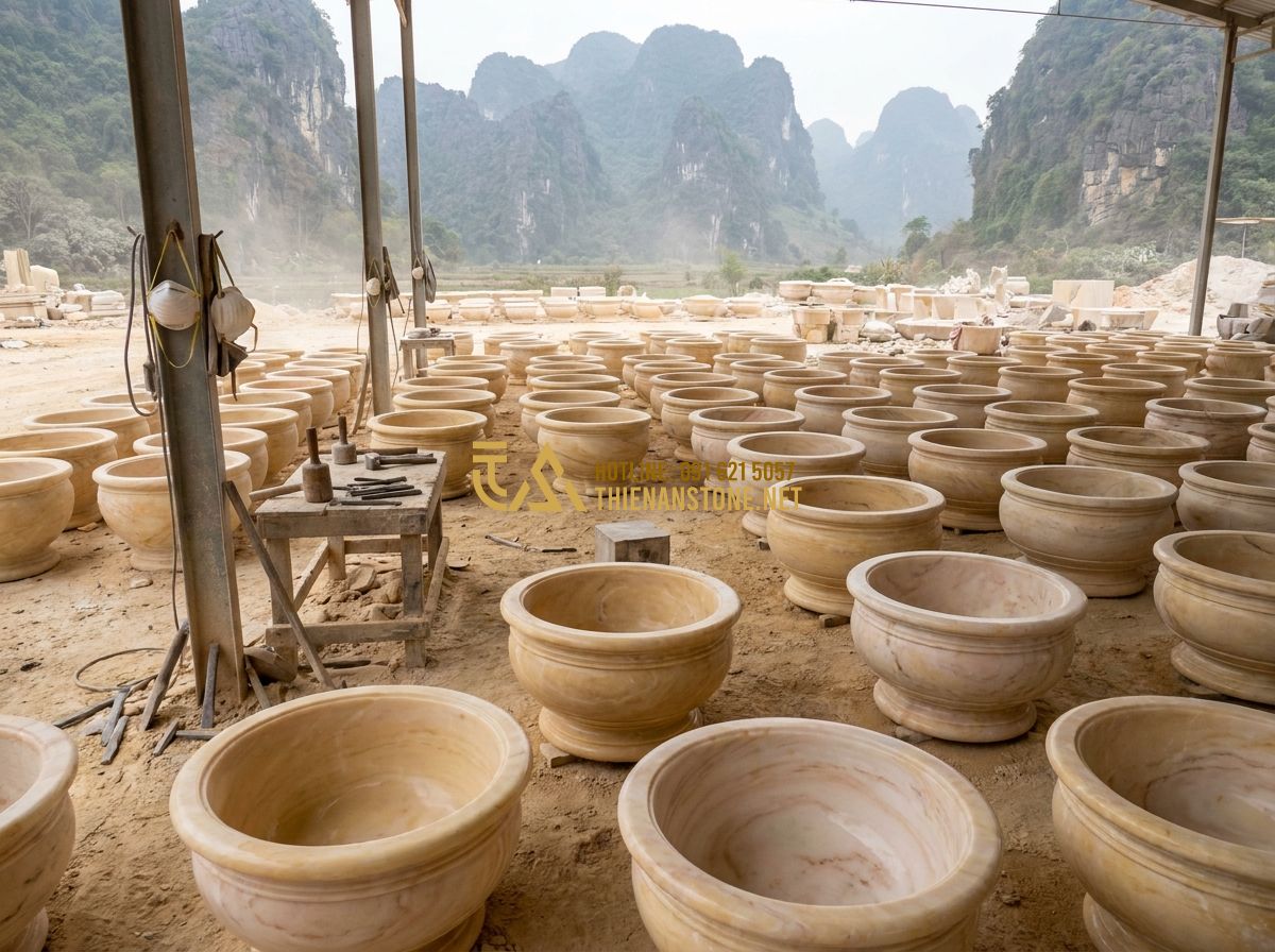 Chậu Đá Trồng Cây Cảnh Đẹp 2026: 130+ Mẫu Chậu Đá Tự Nhiên Sang Trọng Cho Sân Vườn & Nội Thất - A wide shot of a traditional Vietnamese stone workshop in Phu Tho, hundreds of s