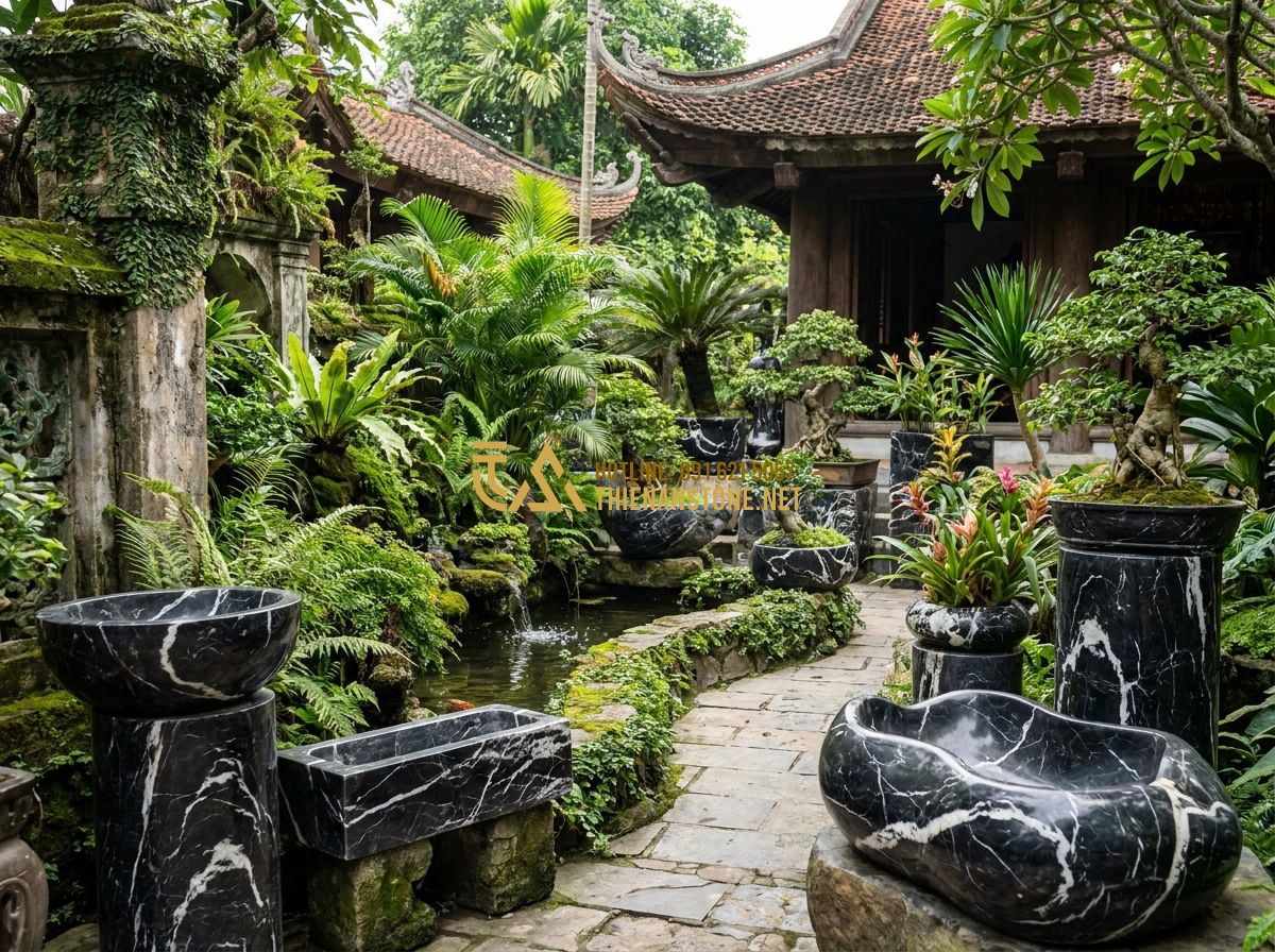 Chậu Đá Tự Nhiên Trồng Cây Cảnh Cao Cấp: Đặc Điểm, Ưu Điểm & Ứng Dụng Trang Trí Không Gian Xanh - A panoramic view of a lush garden featuring various shapes and types of natural