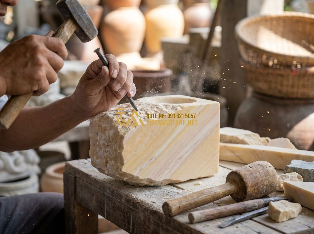 Chậu Đá Tự Nhiên Trồng Cây Cảnh Cao Cấp: Đặc Điểm, Ưu Điểm & Ứng Dụng Trang Trí Không Gian Xanh - Close-up of a skilled artisan hand-carving a natural stone planter with traditio
