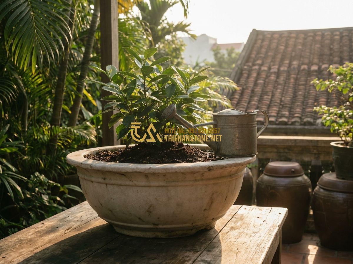 Chậu Đá Tự Nhiên Trồng Cây Cảnh Cao Cấp: Đặc Điểm, Ưu Điểm & Ứng Dụng Trang Trí Không Gian Xanh - A heartwarming scene of an elderly woman showing her young grandson how to water