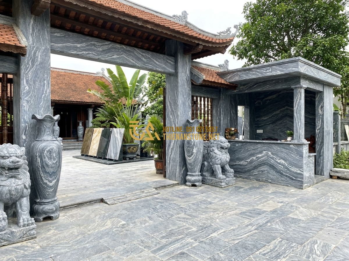 Chậu Đá Tự Nhiên Trồng Cây Cảnh Cao Cấp: Đặc Điểm, Ưu Điểm & Ứng Dụng Trang Trí Không Gian Xanh - A grand entrance of a stone artisan factory "Thien An Stone" with finished stone