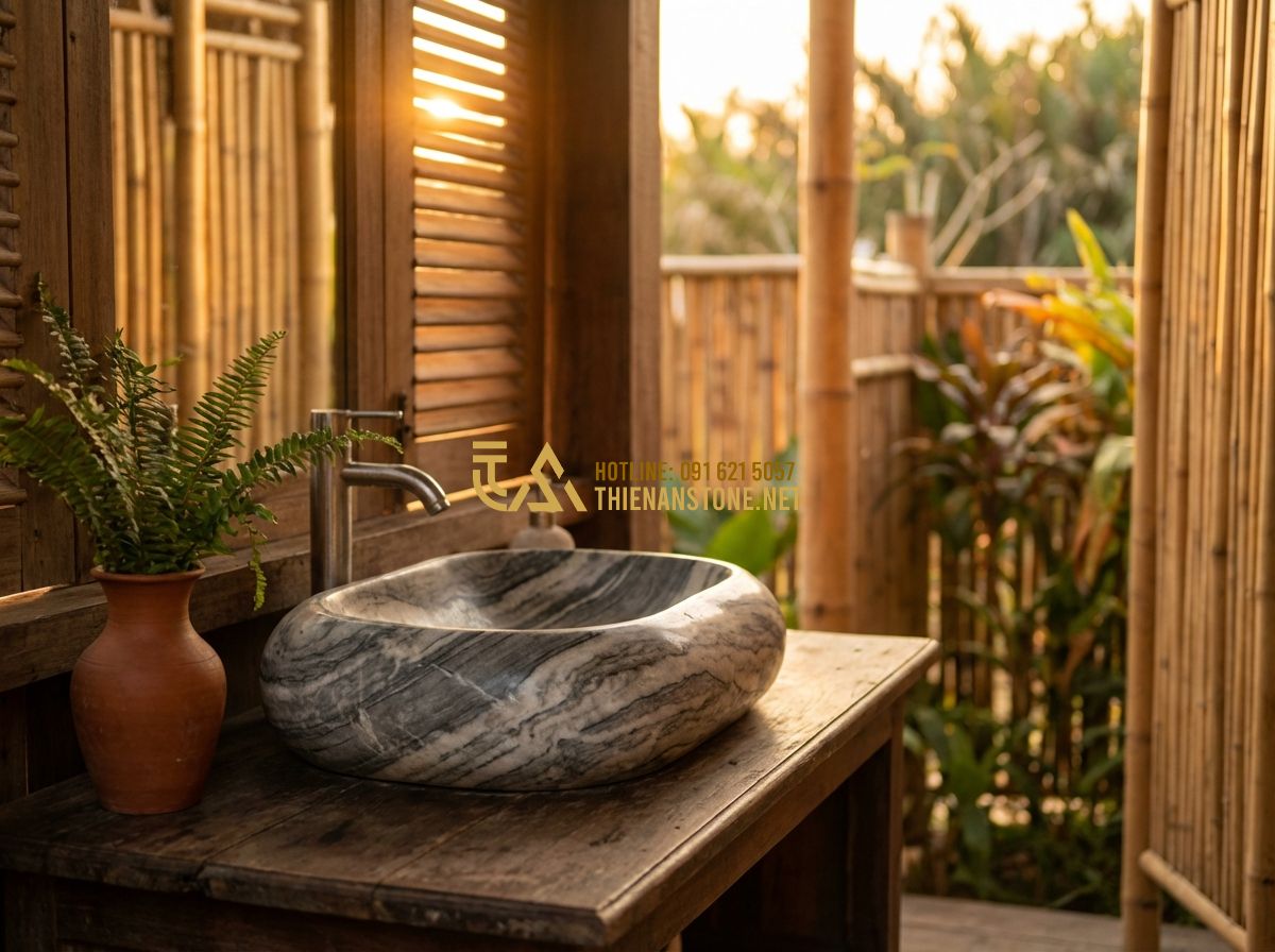 Chậu Rửa Mặt Đá Tự Nhiên & Chậu Lavabo Đá: Nên Chọn Loại Nào Tốt Nhất? - Hình 10 Chậu Rửa Mặt Đá Tự Nhiên & Chậu Lavabo Đá: Nên Chọn Loại Nào Tốt Nhất? - A warm, inviting final shot of a beautifully lit bathroom at sunset. The natural